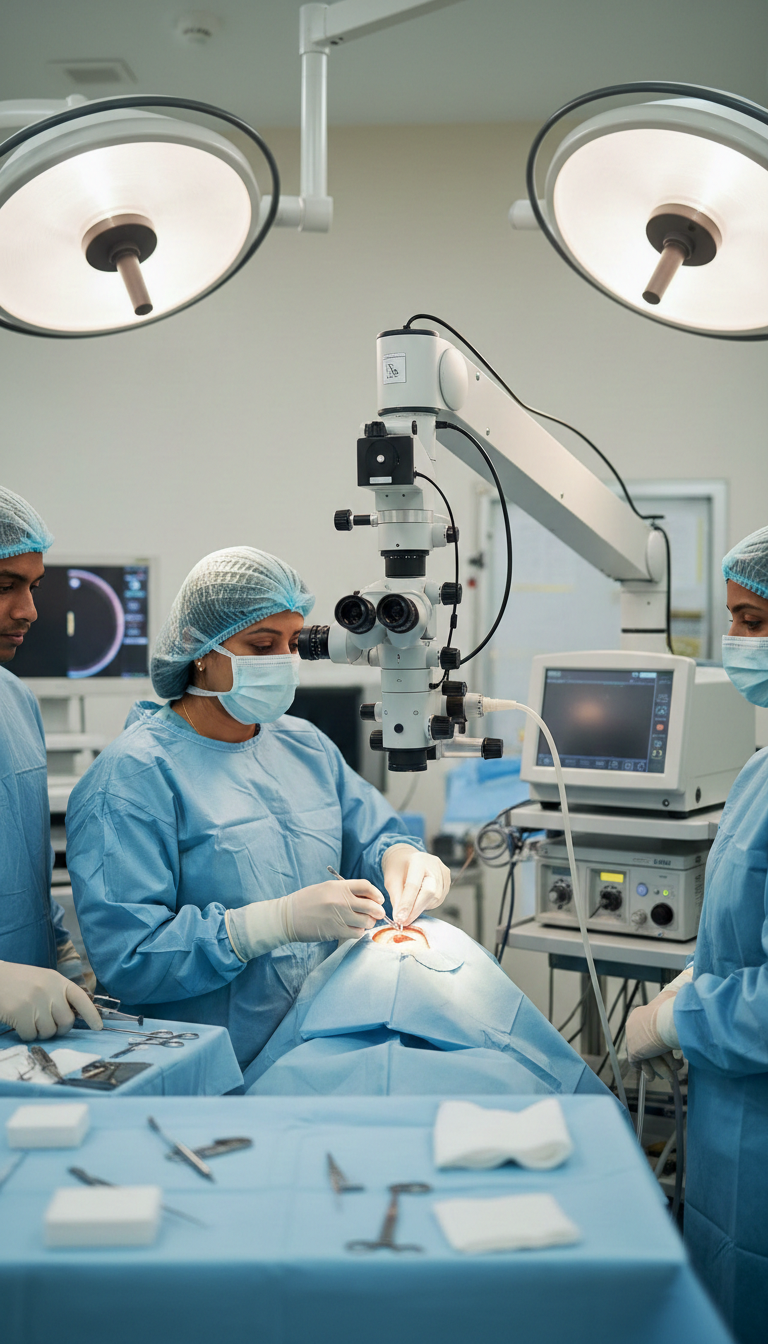 Ultra realistic hospital operation theatre in India modern ophthalmology setup eye surgeon performing cataract surgery